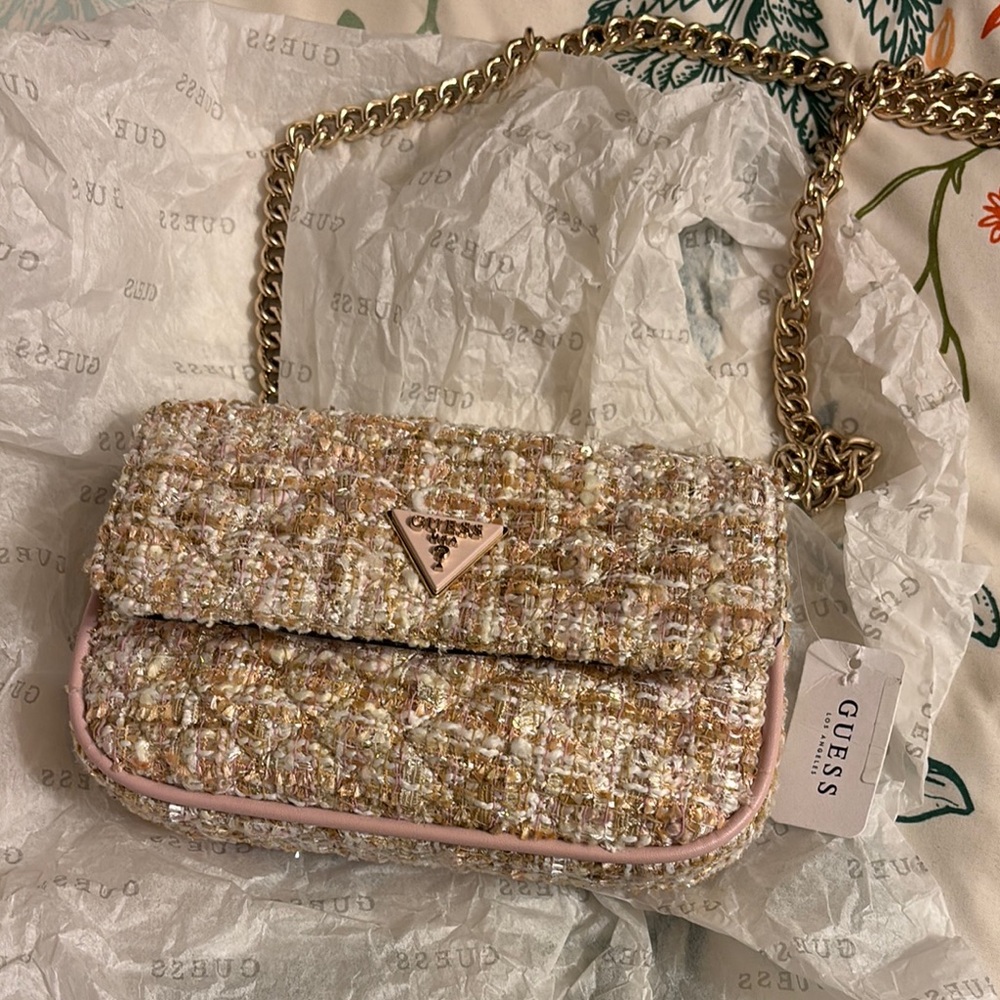 GUESS Tweed Crossbody Bag - Pink and Gold